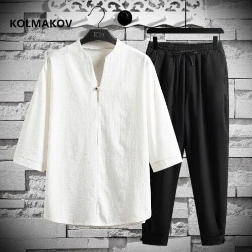 Shirt + trousers) 2021 summer men shirt Cotton and linen shirts half sleeve mens casual shirts men A set of clothes M-5XL