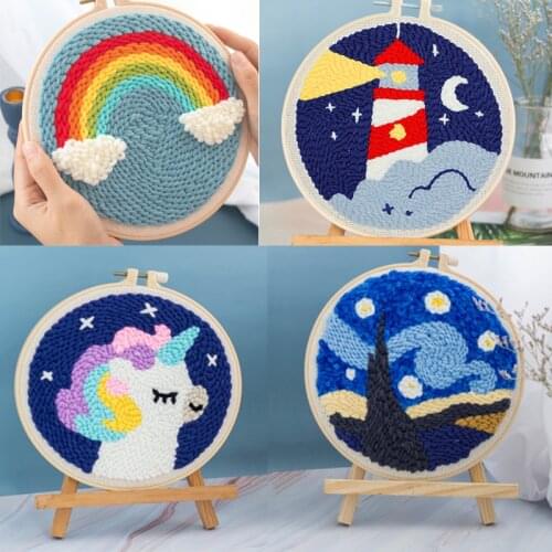 Russian Punch Needle Embroidery Kit with Yarn for DIY Beginners Easy Embroidery Needlework Wool Work Home Decor(No Stand)