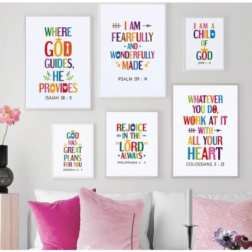 Cartoon Bible Verse Wall Art Poster Print Wonderfully Baby Color Quote Letter Canvas Painting Picture Kid Living Room Home Decor