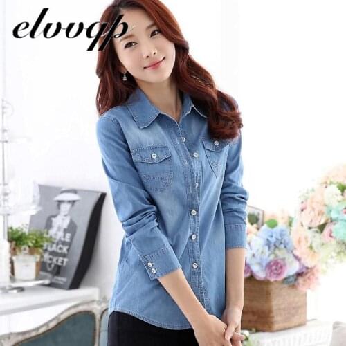 Autumn Long Sleeves Casual Denim Shirt Women Fashion Slim Cotton Ladies Shirt Plus Size Blue Jeans Tops Blouse Feminina Spring