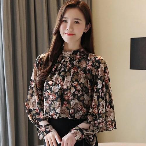 Blusas Autumn Floral Chiffon Blouses Shirt Female Bat Sleeve Shirt Womens Tops and Blouses