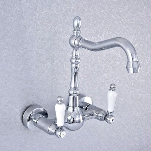 Silver Chrome Brass 2 Hole Ceramic Handle Wall Mount Kitchen Bathroom Basin Faucet Sink H/C Mixer Taps Swivel Spout 360' dsf547
