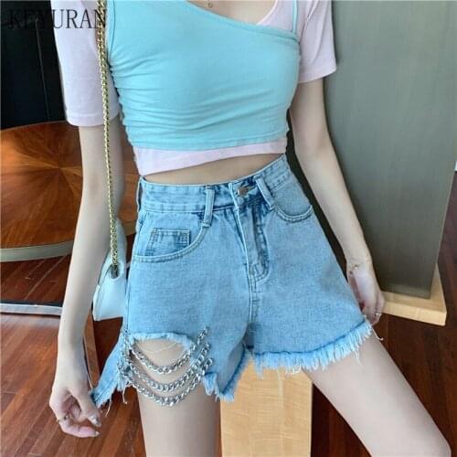 Summer Vintage Hole Burr Chain Denim Shorts Women Sexy Streetwear High Waist Tassel Shorts Female Harajuku Punk Hip Hop Jeans