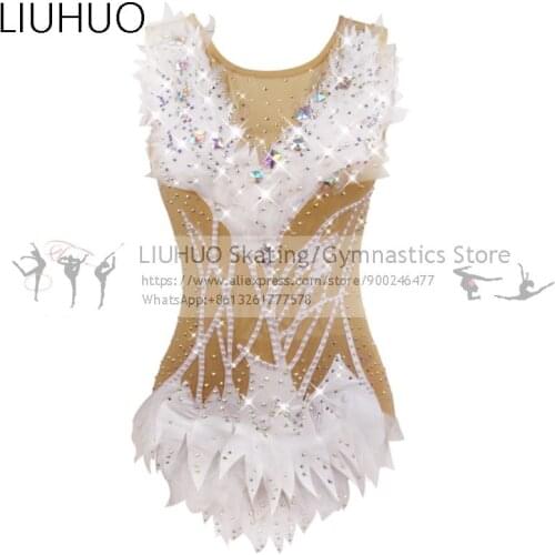 Rhythmic Gymnastics Leotards Girls Women White Feather Diamonds Competition Ice Skating Artistic Ballet Gymnastics leotards