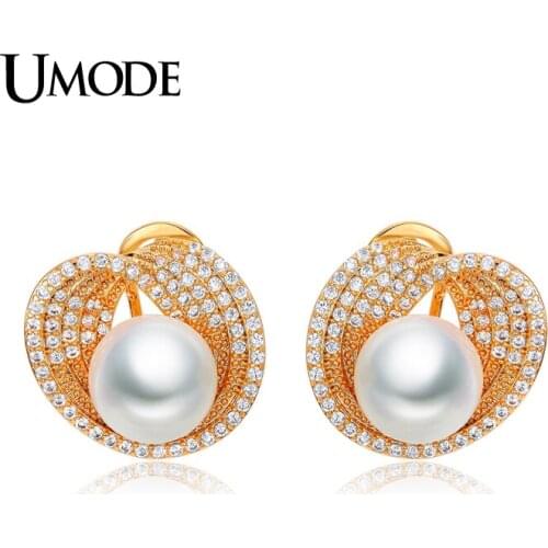 UMODE Luxury Fashion Jewelry For Women Gold Color 10mm Shell Powder Synthetic Pear Stud Earrings Femel Accessories AUE0189A