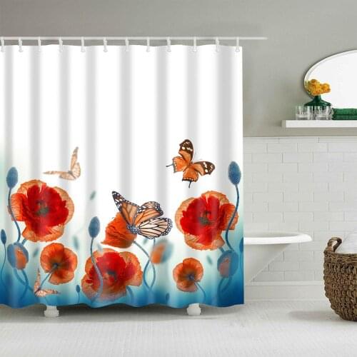Plant Shower Curtain Red Flower Butterfly Fashion Bath Accessories with 12 Hooks Waterproof Polyester Fabric Bathroom Decoration