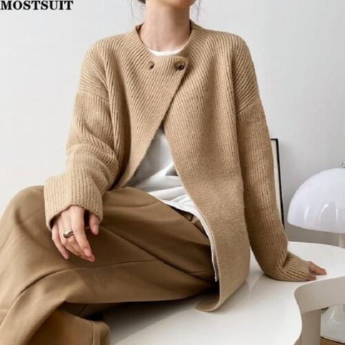 Vintage Casual Knitted Cardigan Sweater Women Full Sleeve O-neck Jumpers Solid Loose Stylish Female Knitwear Coat 2021 Autumn