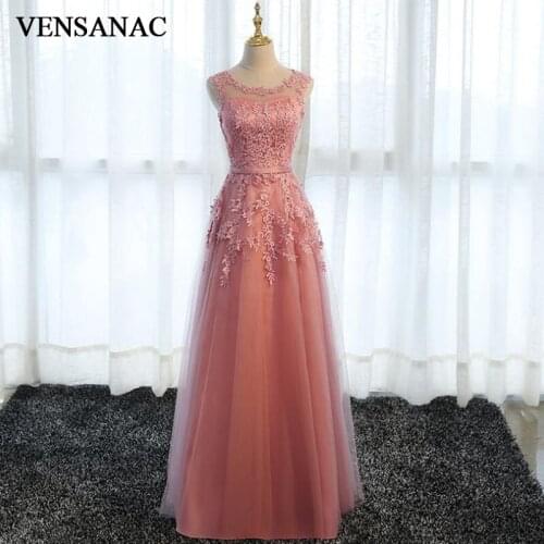 VENSANAC 2018 O Neck A Line Lace Appliques Long Evening Dresses Elegant Party Sash Illusion Zipper Back Prom Gowns