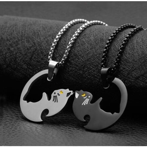 1pc Fashion Stainless Steel Couple cat Yin Yang Chain Necklace round Cat splice pendant necklace jewelry gift For lovers Women