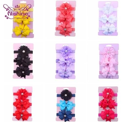 Nishine 3pcs/lot Ribbon Bows Baby Girls Headband Chiffon Flower with Pearl Newborn Hiarbands for Child Photo Props Accessorise