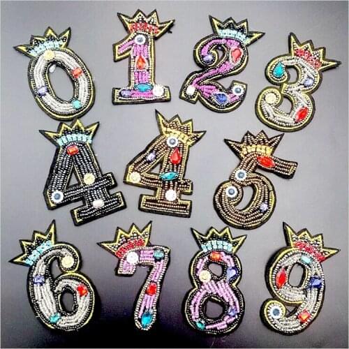 Sequined 0-9 digits crown Patch for Clothes Sewing on Rhinestone Beaded Applique for Jackets Jeans Bags Shoes Beading Applique