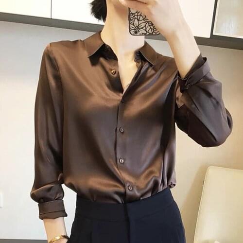 Satin Silk Shirts for Women 2021 Long Sleeve Blouse Vintage Top Elegant Fashion Solid Blusas De Satin Mujer Button Up 1001