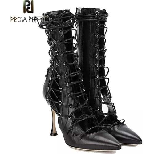 Fashion Pointed Stiletto High-heeled Cross Strap Sandals New Autumn and Winter Hollow Side Zipper Mid-tube Fashion Boots