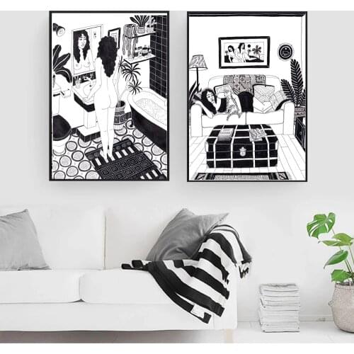 Black And White Girl Take Shower Art Bathroom Canvas Painting Fashion Nordic Poster Wall Pictures for Living Room Home Decor