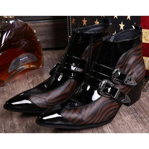 Christia Bella Winter Fashion Plus Size Male Genuine Leather Stitching Ankle Boots Pointed Toe Buckle Mens Party Heighten Boots