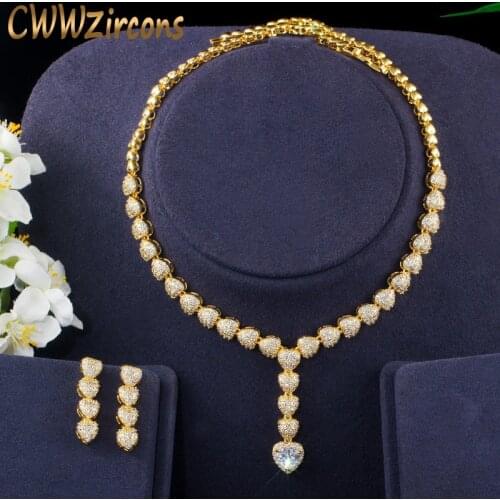 CWWZircons Micro Pave Cubic Zircon Indian Gold Love Heart Shape Drop Necklace Earrings Women Party Jewelry Set for Wedding T408