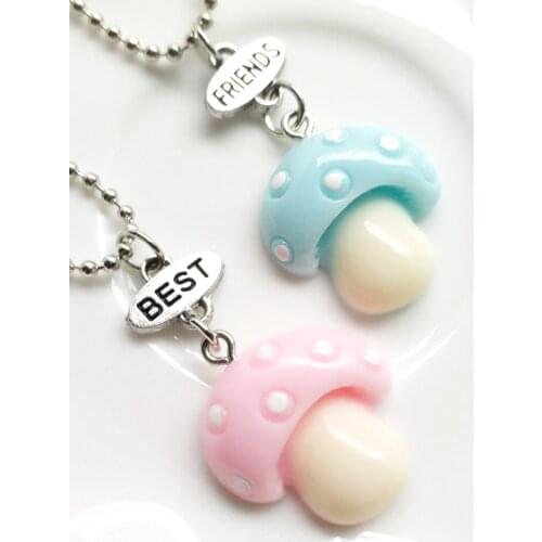 Children Best Friends Cute Resin Simulation Pink Blue Mushroom Pendant BFF 2 Necklace Friendship Jewelry Gifts For Kids 10 Set