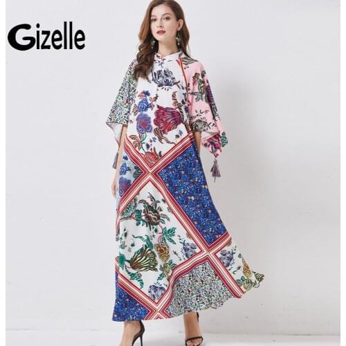 Gizelle Designer Runway Fashion Floral Print Maxi Long Party Dresses Stand Collar Summer Casual Tassel Loose Street Elbise Zaful