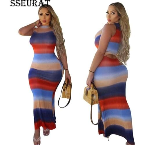 SSEURAT Long Dress Print Sleevelss Back Hollow Out Sheath Elastic Full Length Dresses Sexy Night Party Dress