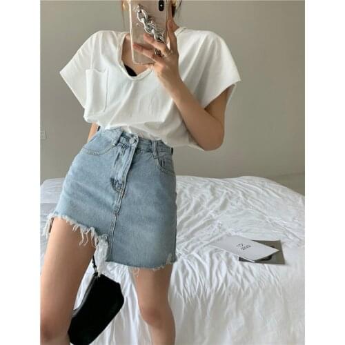 Denim skirt womens irregular high waist and thin buttocks skirt 2021 summer new style gentle style skirt