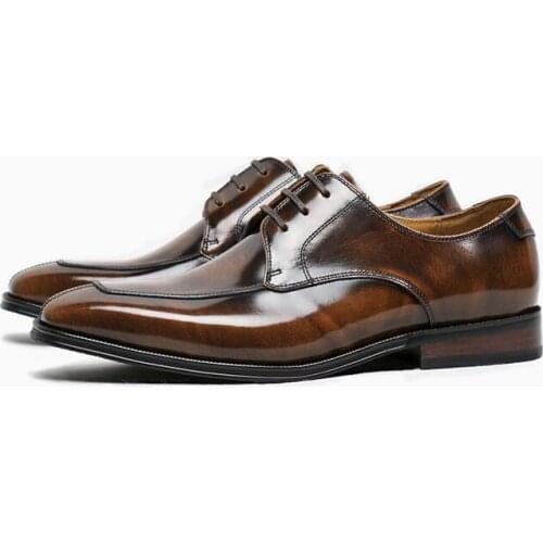 Handmade Formal brown Wedding Mens shoes Genuine Leather Square Toes Lace up Fashion Party shoes Retro business Shoes Men