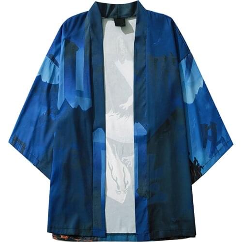 Men Casual Loose Anime Kimono Open Front 3/4 Sleeve Japanese Style Kimono Print Cover Up Cardigan Men Shirt Camisa Hombre