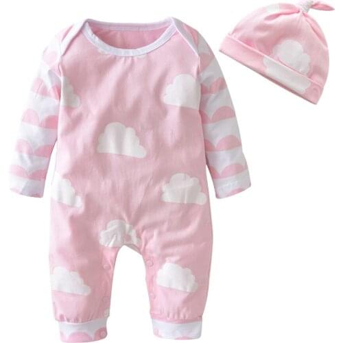 Newborns Infant Baby Toddler Romper Cloud Printed Sweet Jumpsuit Pajamas And Hat For Baby Girl Home Wear Clothes
