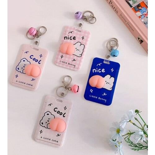 Creative ID Cards Holder Bus Card Protector with Keychain 3D Peach-shaped Rabbit Bum Design Novelty Cute Keychain