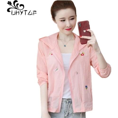 UHYTGF Summer Coat Women Long-Sleeved Hooded Thin Sun Protection Clothing Fashion Chiffon Embroidered Short Plus Size Jacket1698