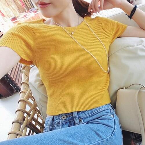 Summer Cotton Womens T-Shirt Round Collar Short Sleeve Pullover Solid Slim Thin Korean Style Fashion Casual T-Shirt