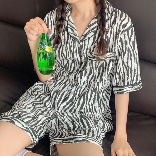 Summer Pajamas Womens Cardigan Black White Sleepwear Short-sleeve Casual Student Home Wear Can Be Worn Outside Zebra Pattern