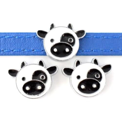 50PCS 8mm Alloy Cute Black White Cow Slide Charms Slide Beads DIY Accessories For 8mm Bracelets For Wristbands Straps Pet Collar