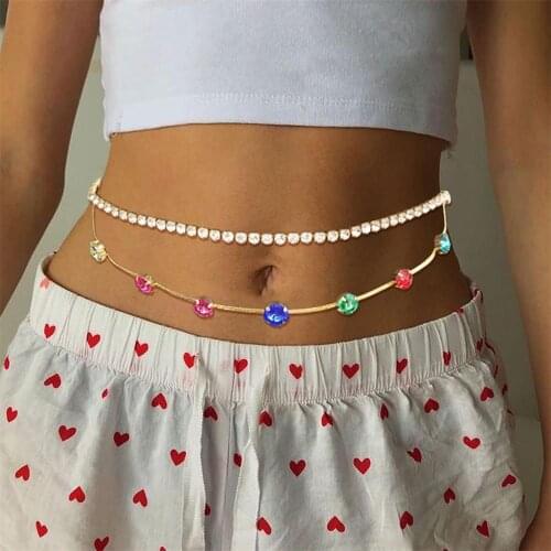 Fashion New Multi-Layer Rhinestone Round Crystal Waist Chain Jewelry Beach Personality Colored Diamond Body Chain Accessories