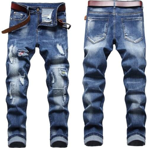 Men’s high quality ripped denim pants classic slimming scratched blue jeans white wash patched jeans casual pants men