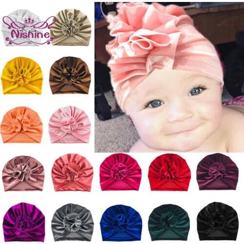 Nishine Baby Girls Fold Flower Hats Solid Color Golden Velvet Children Beanie Caps Newborn Turban Photo Props Birthday Gifts