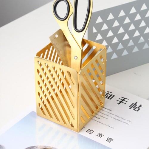 Nordic Hollow Plating Metal Pen Holder Desktop Makeup Brush Organizer Storage Box Office Decorative Ornaments