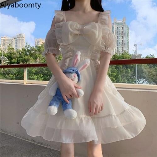 2021 New Japanese Summer Women Mini Party Dress Off Shoulder Bow Backless Cute Dress Adorable Kawaii Girls Lolita Ruffles Dress