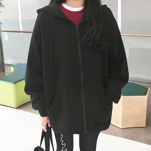 2021 Autumn New Korean Simple Hooded Cardigan Pure Color Thin Sweatshirt Loose All-match Womens Top Hoodies