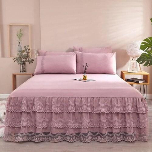 Luxury Princess Bed Skirt Pillowcase Solid color Bed Set Ruffle Three Layers Lace Bedspreads Sheet Soft Fitted Sheet Cover