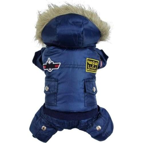 Blue USA Airman Style Pet dogs Coat Warm Small Dog Apparel Fleece Winter Coat Snowsuit Hooded Jumpsuit Waterproof