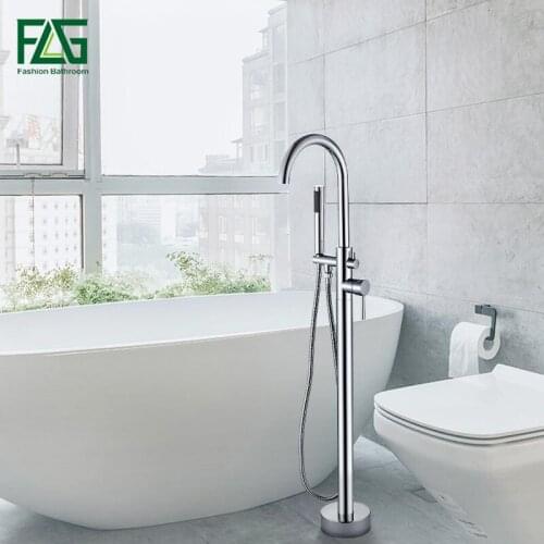 FLG Chrome Bathtub Floor Stand Faucet Mixer Single Handle Mixer Tap 360 Rotation Spout With ABS Handshower Bath Mixer Shower