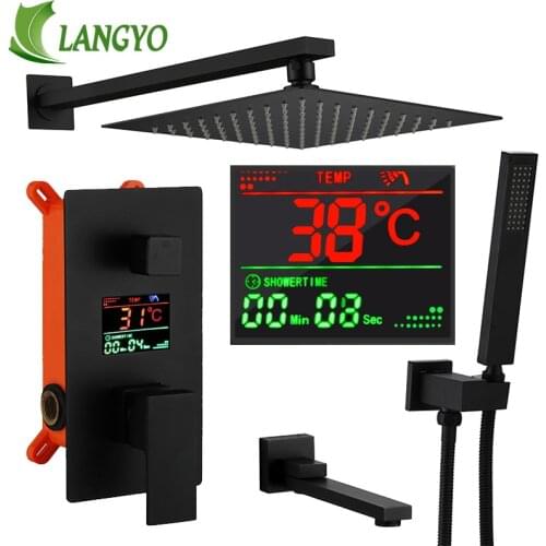 LANGYO Black Brass Shower Head 3-ways Digital Display Mixer Taps Bathroom Shower Faucet 3-Functions Digital Shower Faucets Set