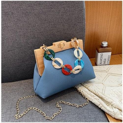 PU Leather Shoulder Bag Womens Handbag And Purse Chain Crossbody Bags For Women Wood clamp Handbags Ladies Clutches Purses