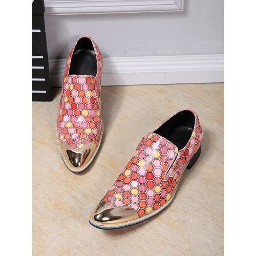 New Summer Casual Mens Classic Fashion Shoes Personality Low-heel Pointed Toe Cowhide Leather Pink Geometric Lazy Mens Shoes
