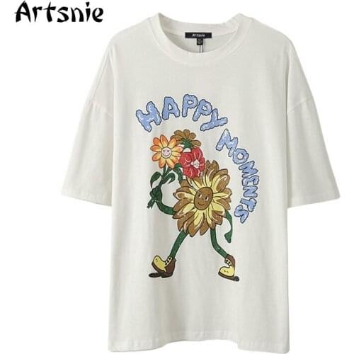 Artsnie Flowers Print T Shirt Women Summer O Neck Short Sleeve Tops Femme Streetwear White Casual Ladies Oversized T-shirts Tee