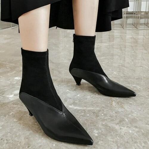 EshtonShero Women Mid Calf Boots Shoe Woman Spike Med Heels Flock Pointed Toe Elegant Ladies Motorcycle Sock Boots Size 3-8