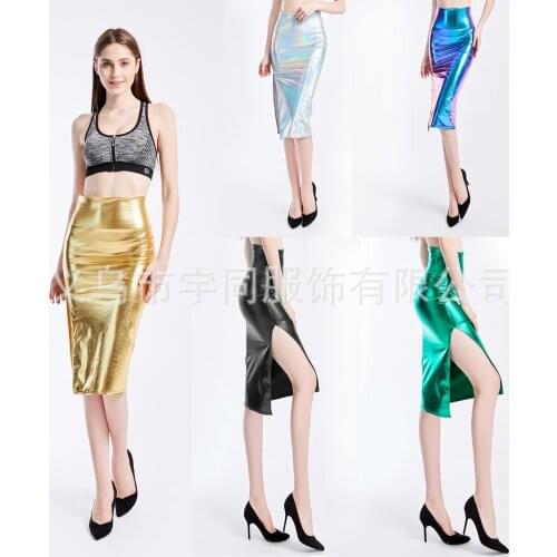 Women Pole Dance Skirts Sexy High Waist Elastic Side Split Wrap Knee Length Shiny Silver Gold Metallic Skirt WDC7800