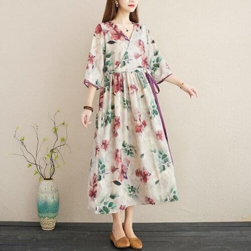 2021 New Arrival Fashion Chinese Style Loose Summer Dress Cotton Print Floral Holiday Travel Casual Dress Women Long Dress Robes