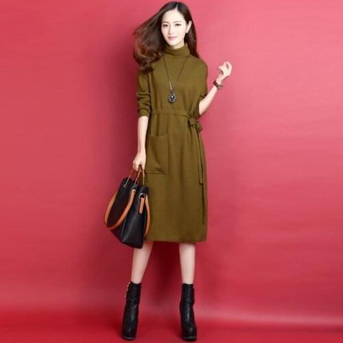 Women Autumn Winter Dresses New Large Size Loose Mid-Length Thickened Over The Knee A-Line Knitted Long Skirt Lace Up Dress