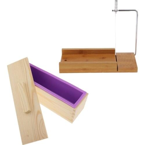1Pcs Wooden Soap Loaf Cutter Mold Set Rectangle Silicone Mold (900ml) with Wood Box + 1Pcs Soap Cutter with Wire Slicer